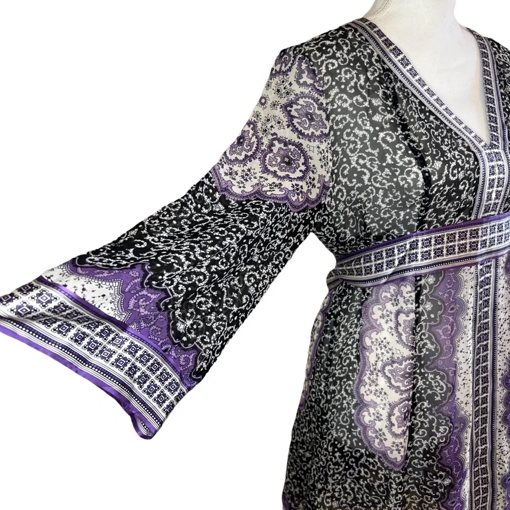 INC International Concepts  VNeck Long Sleeve Black Purple Sheer Silk Dress * 10 - Picture 6 of 15